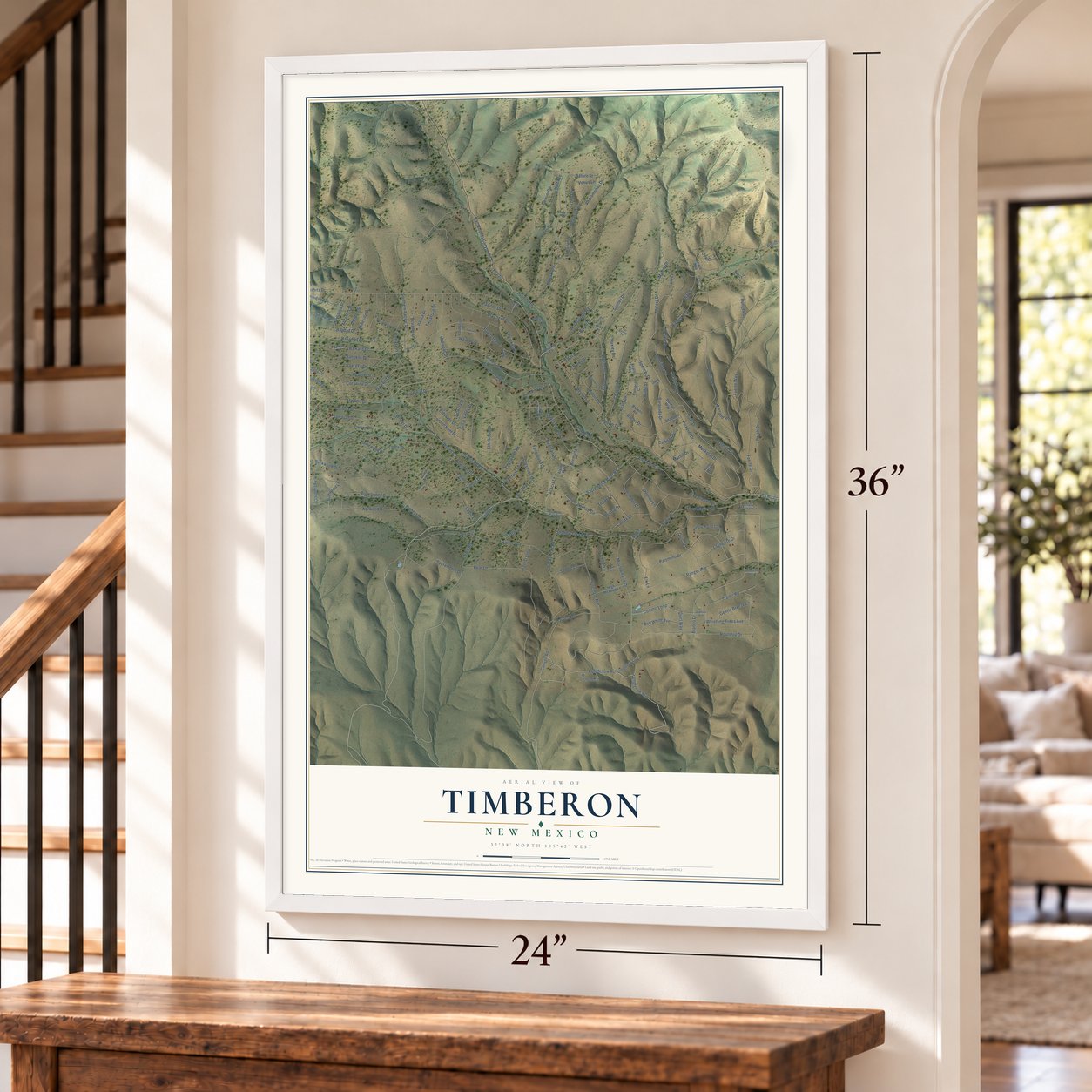 Timberon, New Mexico map, 24 x 36 inch print in a white frame by a staircase