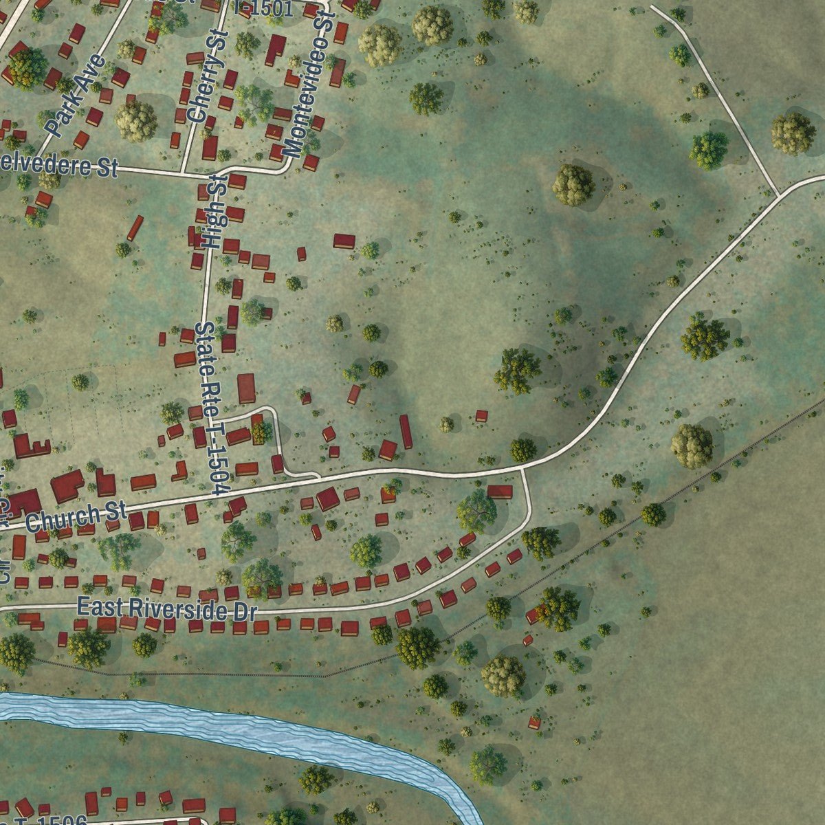 Second close-up of the map of Timberville, Virginia print showing more streets and buildings