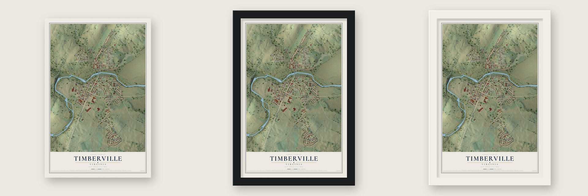 Timberville, Virginia map unframed, in a black wood frame and in a white wood frame