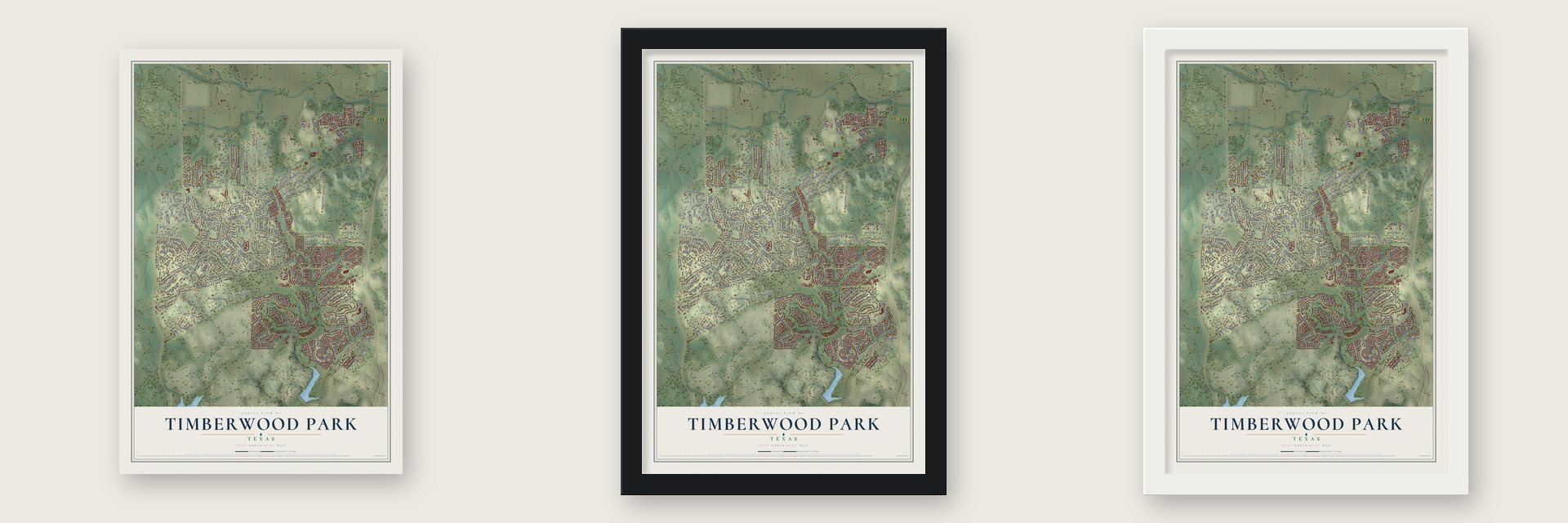 Timberwood Park, Texas map unframed, in a black wood frame and in a white wood frame
