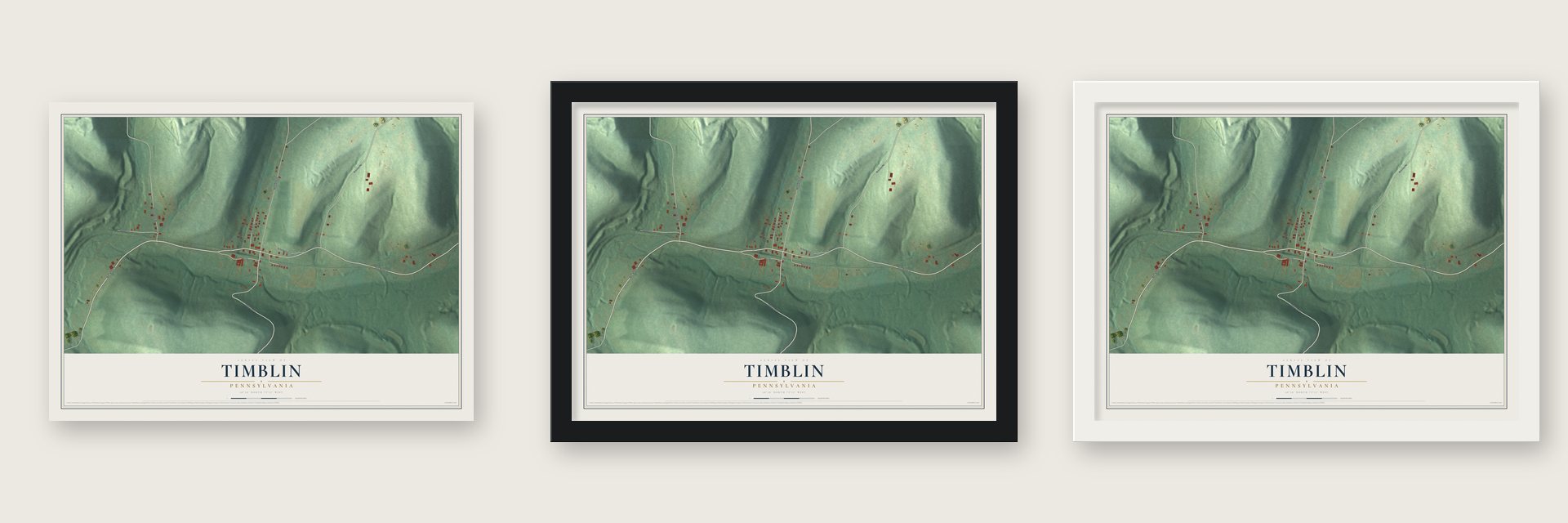 Timblin, Pennsylvania map unframed, in a black wood frame and in a white wood frame