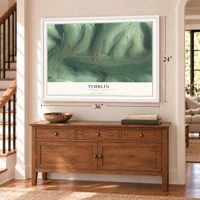 Timblin, Pennsylvania map, 24 x 36 inch print in a white frame above a dresser by a staircase