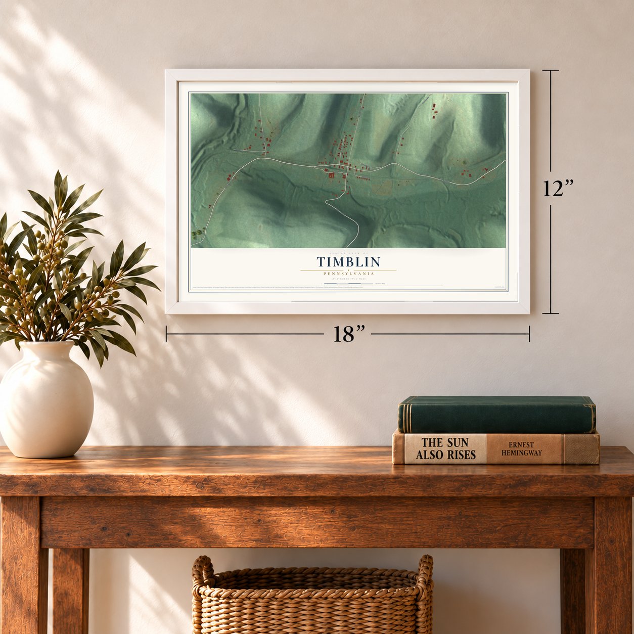 Timblin, Pennsylvania map, 12 x 18 inch print in a white frame in an entryway