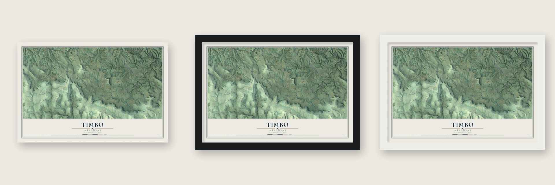 Timbo, Arkansas map unframed, in a black wood frame and in a white wood frame