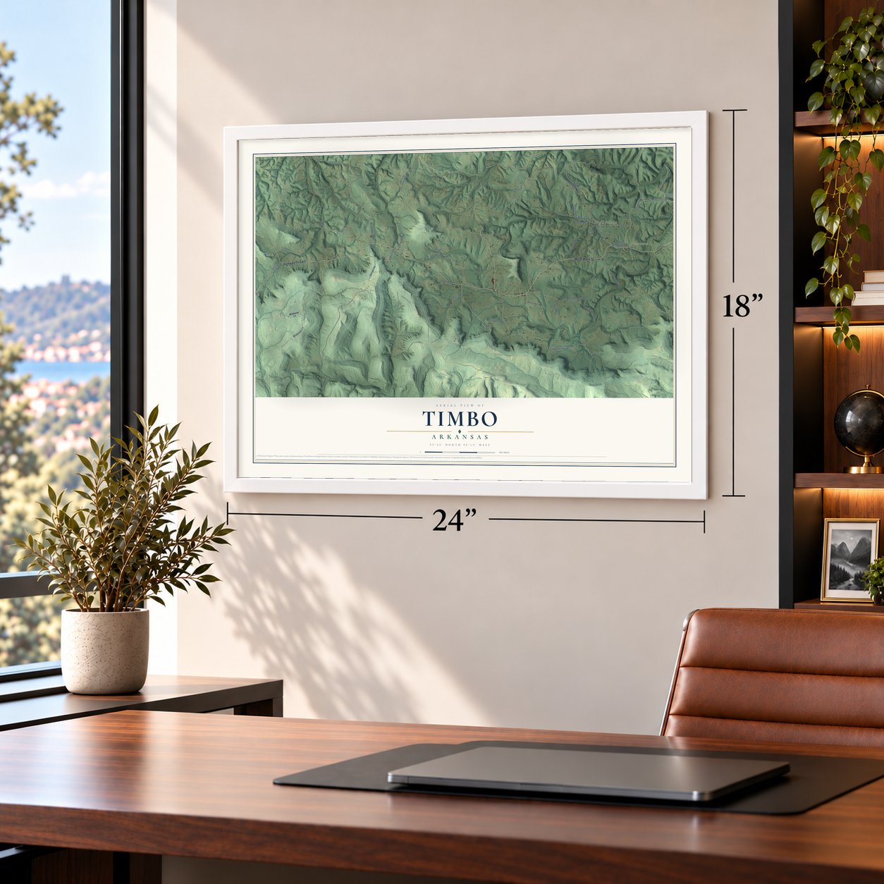 Timbo, Arkansas map, 18 x 24 inch print in a white frame in a home office