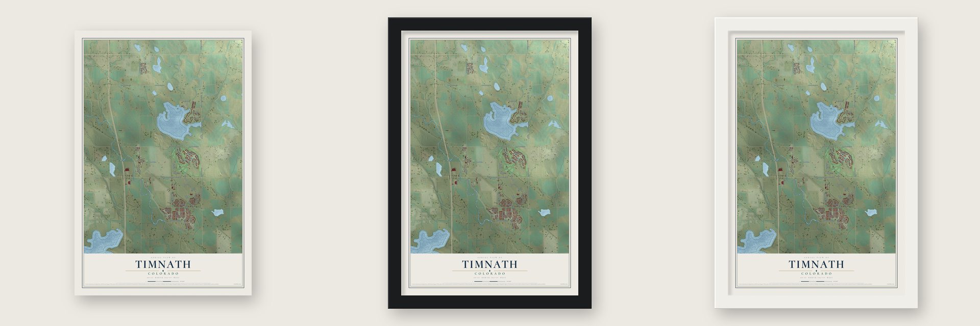 Timnath, Colorado map unframed, in a black wood frame and in a white wood frame