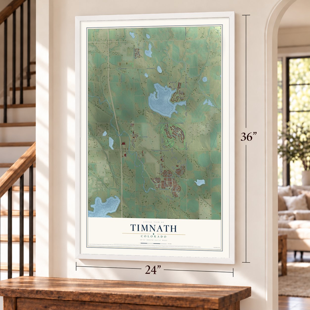 Timnath, Colorado map, 24 x 36 inch print in a white frame by a staircase