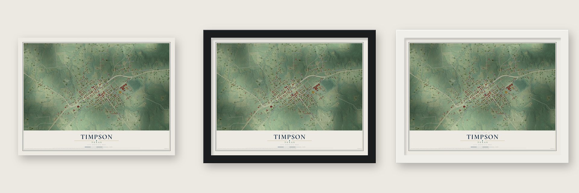 Timpson, Texas map unframed, in a black wood frame and in a white wood frame