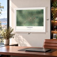 Timpson, Texas map, 18 x 24 inch print in a white frame in a home office
