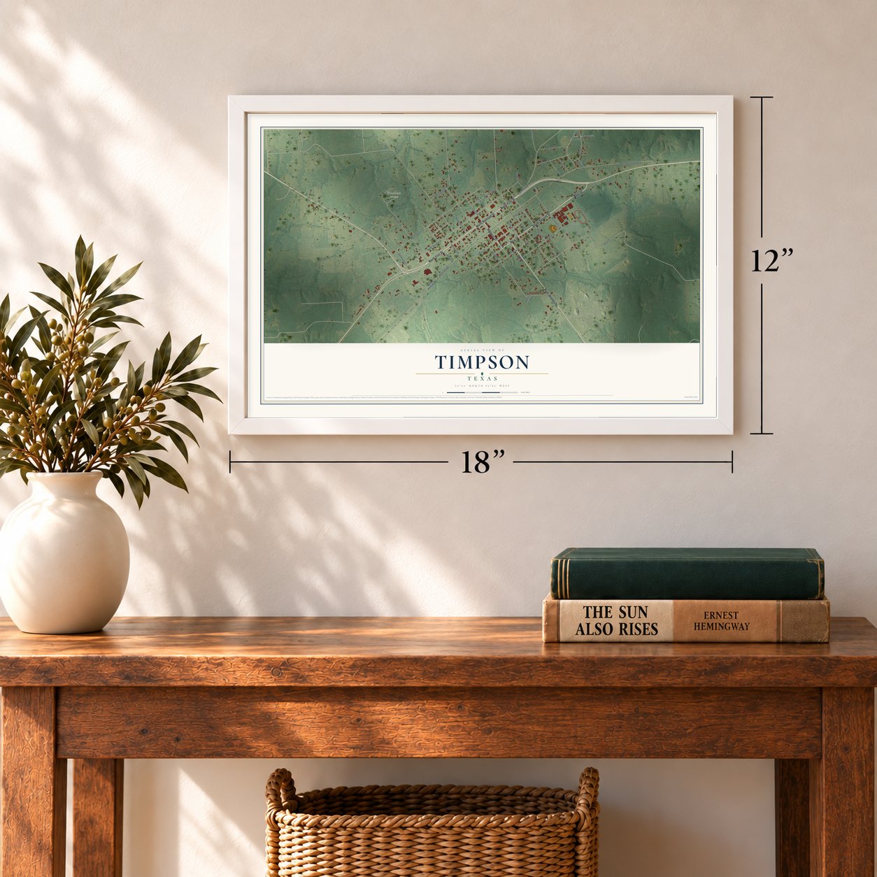 Timpson, Texas map, 12 x 18 inch print in a white frame in an entryway