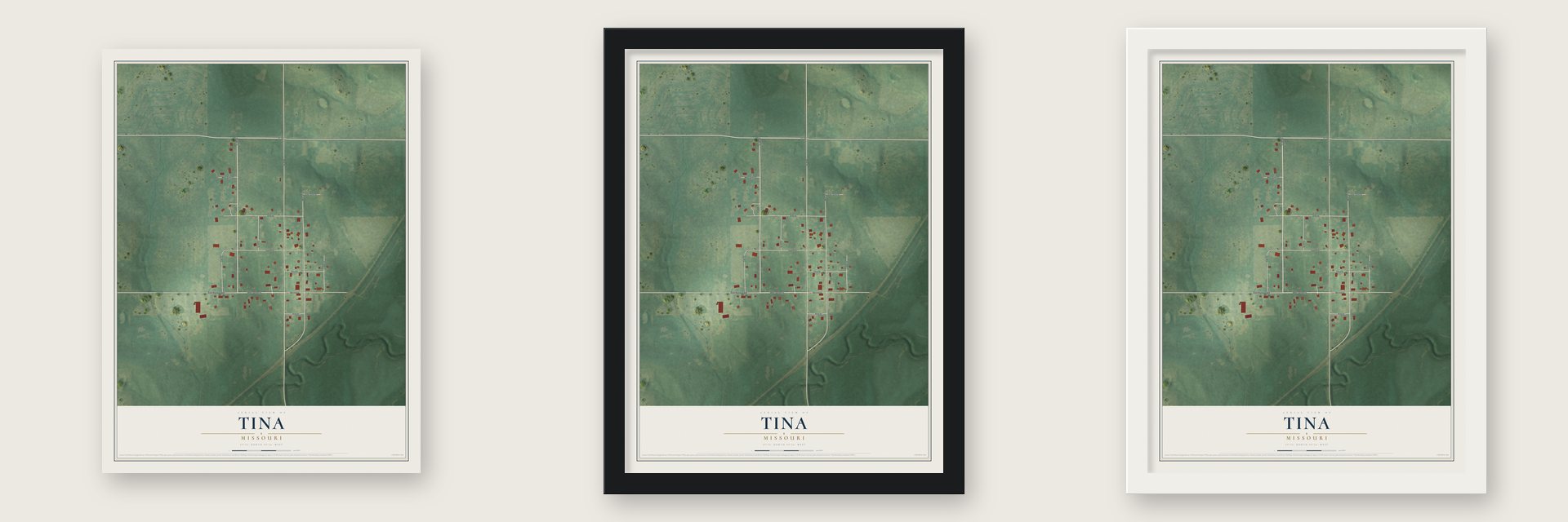 Tina, Missouri map unframed, in a black wood frame and in a white wood frame