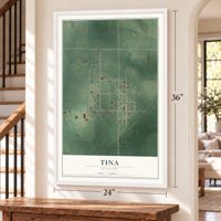 Tina, Missouri map, 24 x 36 inch print in a white frame by a staircase