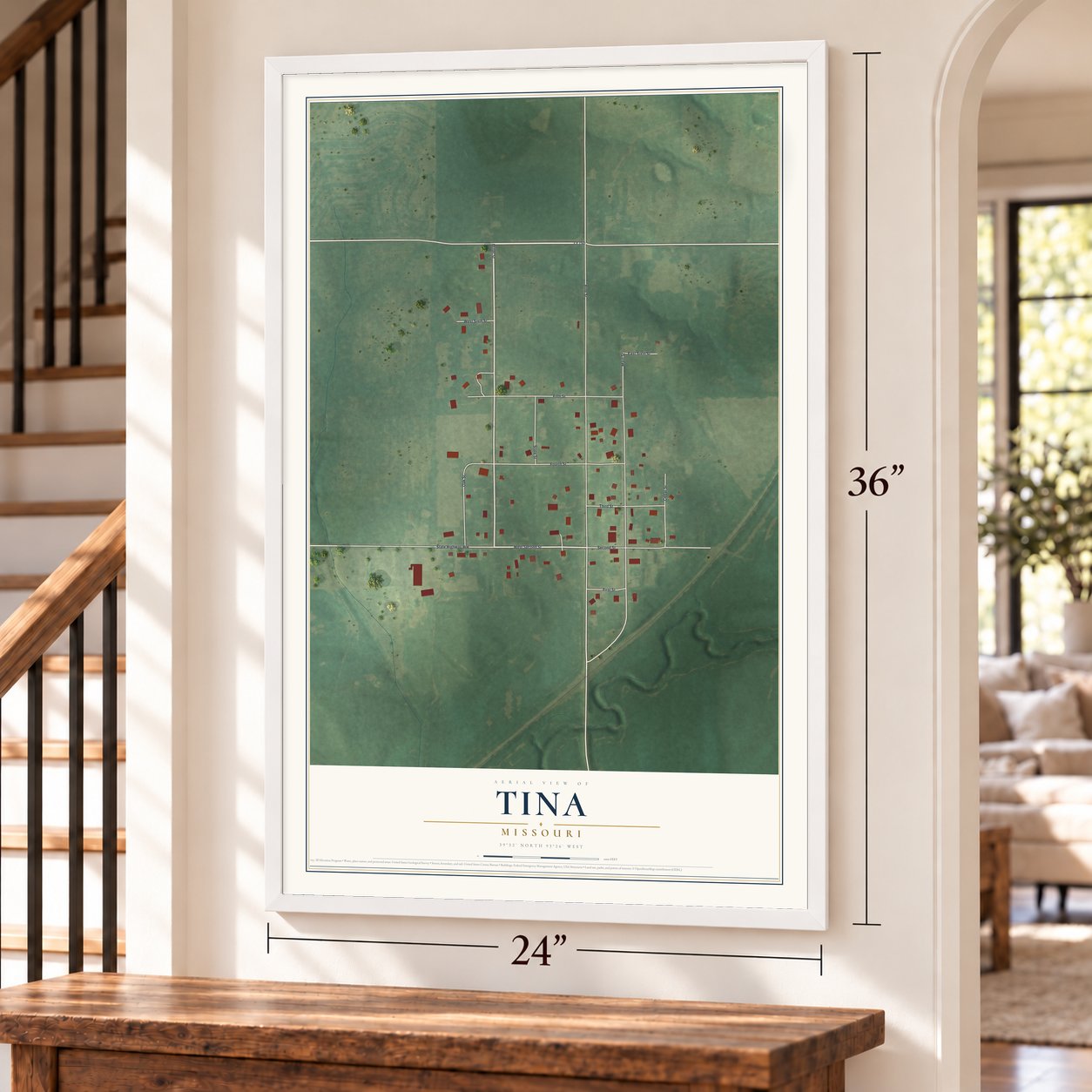Tina, Missouri map, 24 x 36 inch print in a white frame by a staircase