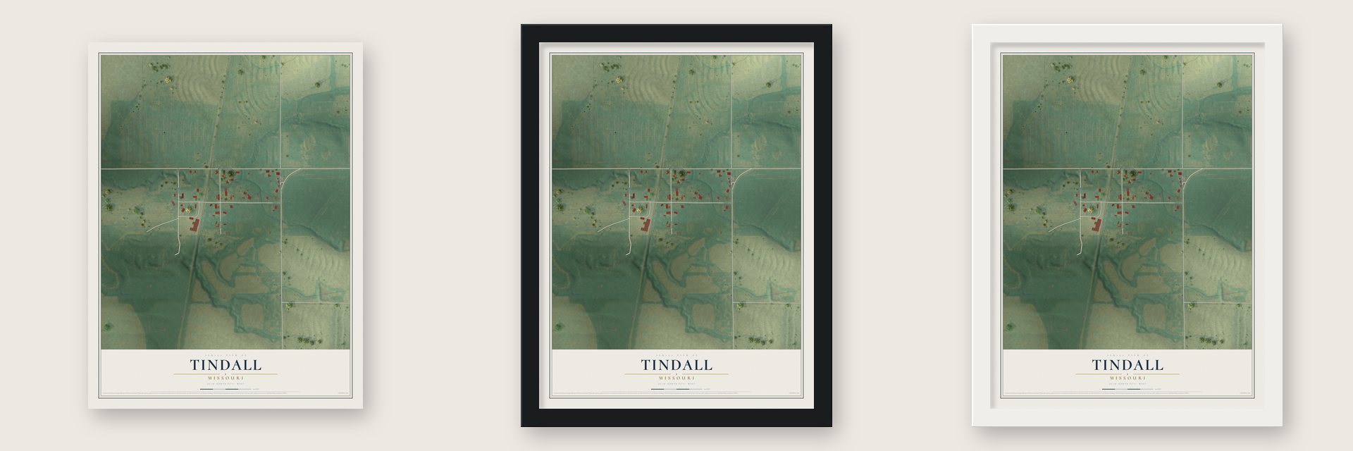 Tindall, Missouri map unframed, in a black wood frame and in a white wood frame