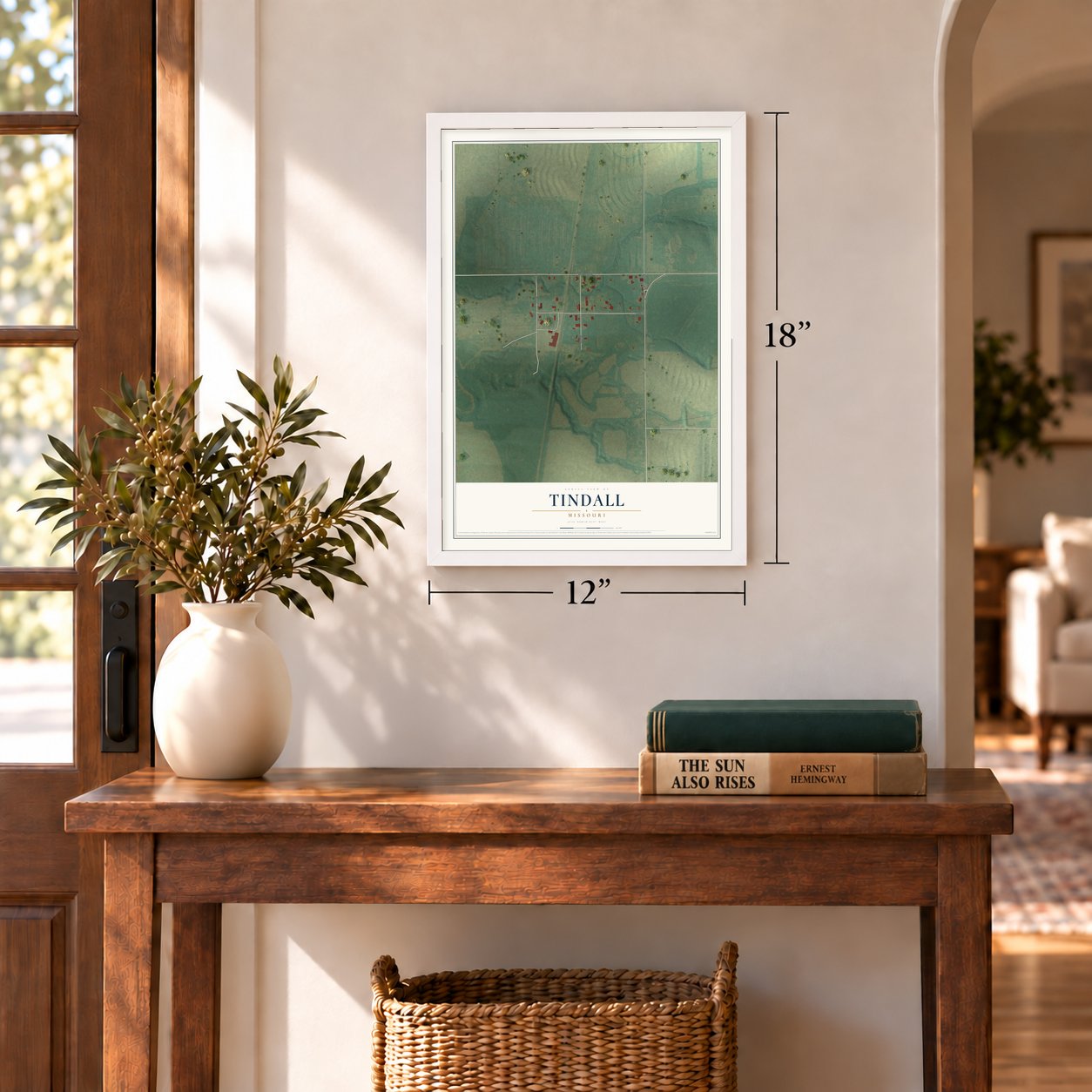 Tindall, Missouri map, 12 x 18 inch print in a white frame in an entryway