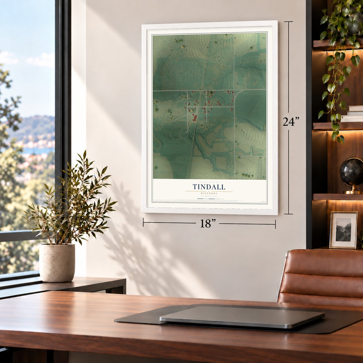 Tindall, Missouri map, 18 x 24 inch print in a white frame in a home office