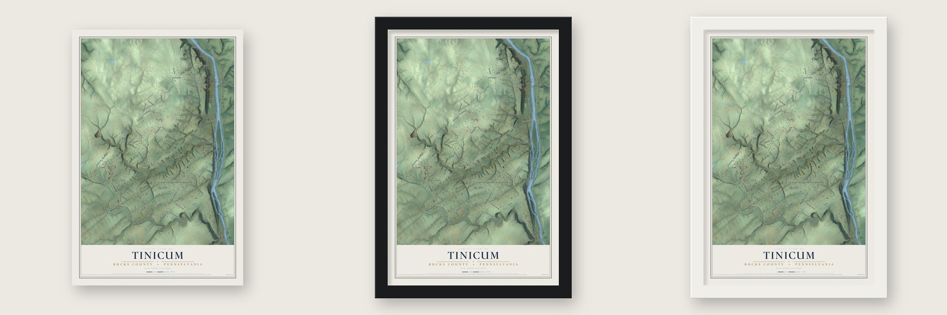 Tinicum, Bucks County, Pennsylvania map unframed, in a black wood frame and in a white wood frame