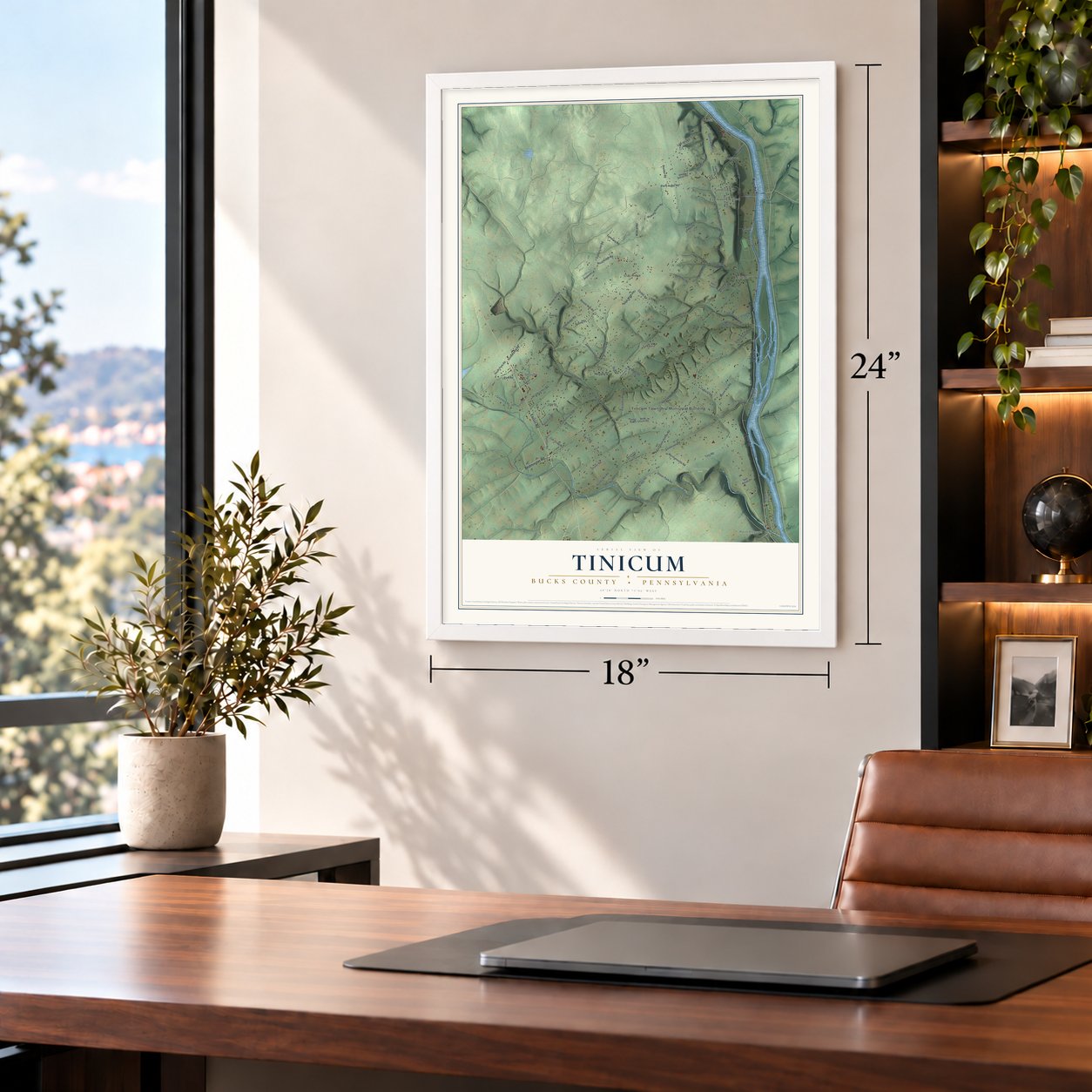 Tinicum, Bucks County, Pennsylvania map, 18 x 24 inch print in a white frame in a home office