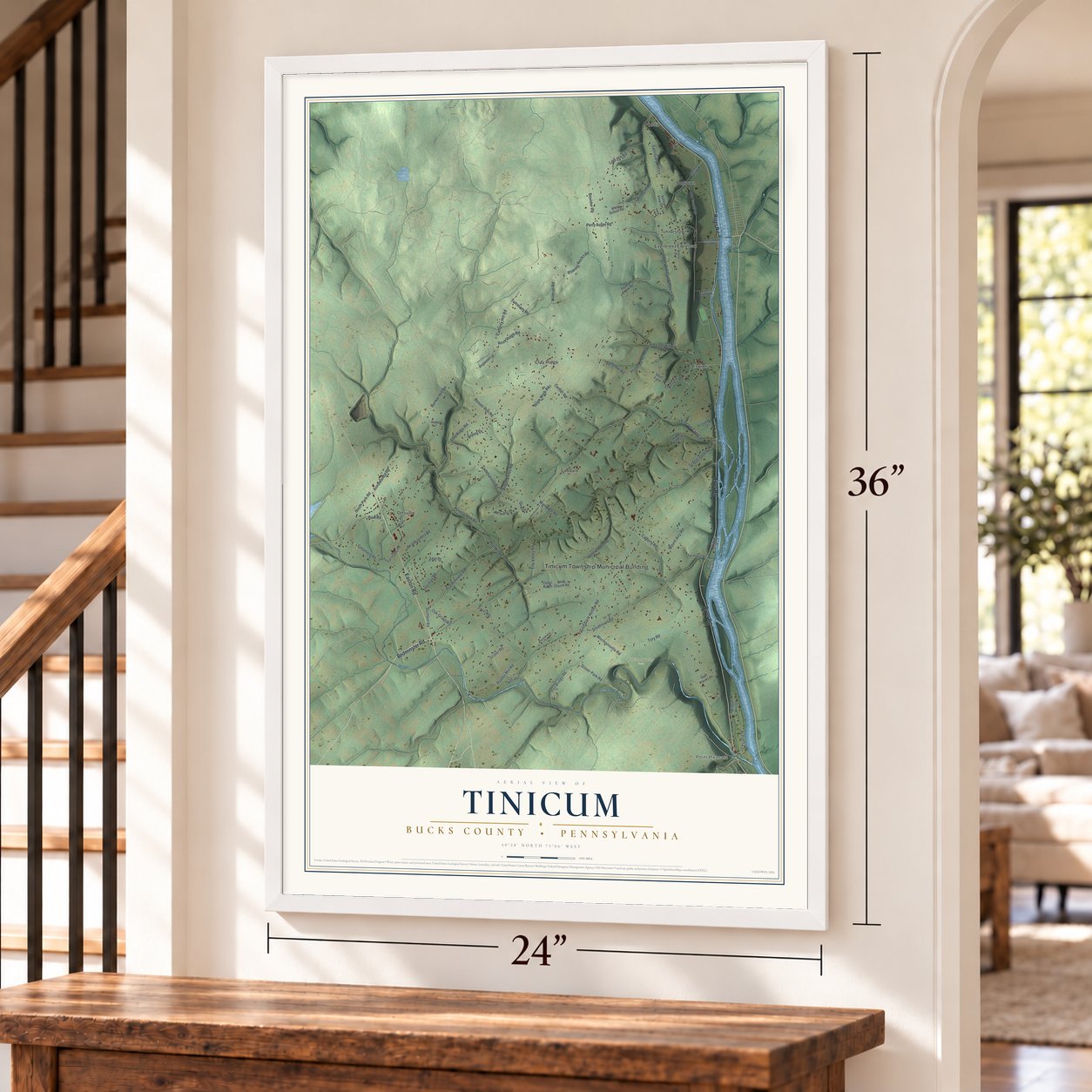 Tinicum, Bucks County, Pennsylvania map, 24 x 36 inch print in a white frame by a staircase