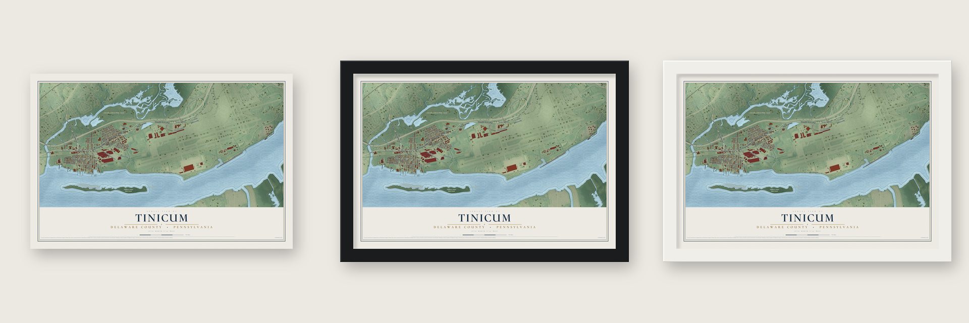 Tinicum, Delaware County, Pennsylvania map unframed, in a black wood frame and in a white wood frame