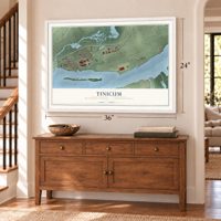 Tinicum, Delaware County, Pennsylvania map, 24 x 36 inch print in a white frame above a dresser by a staircase