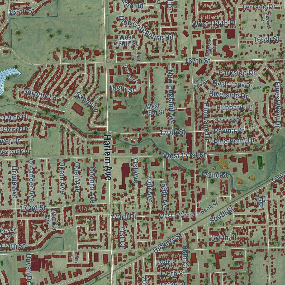 Second close-up of the map of Tinley Park, Illinois print showing more streets and buildings