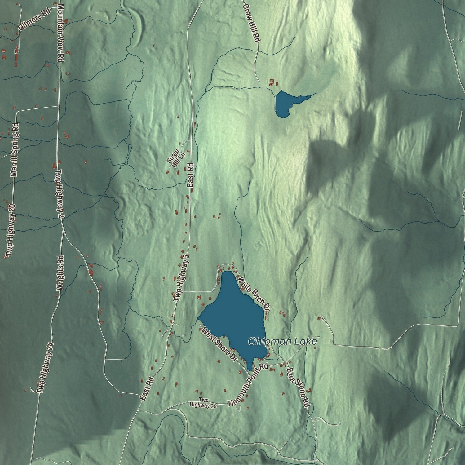 Close-up of the map of Tinmouth, Vermont print showing terrain and local geography