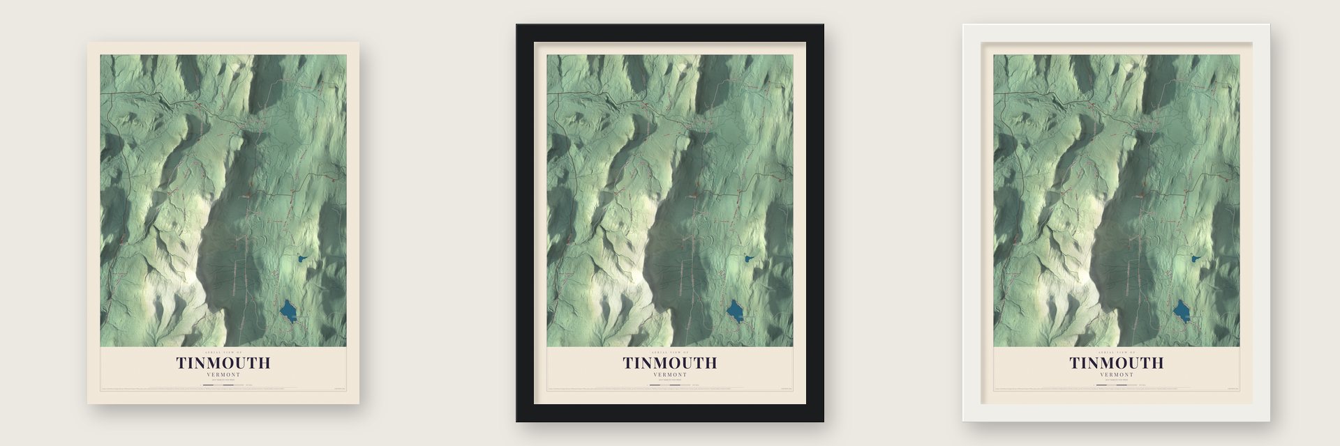 Tinmouth, Vermont map unframed, in a black wood frame and in a white wood frame