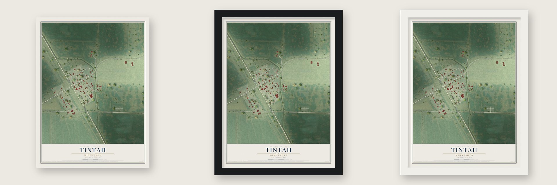 Tintah, Minnesota map unframed, in a black wood frame and in a white wood frame