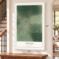 Tintah, Minnesota map, 24 x 36 inch print in a white frame by a staircase