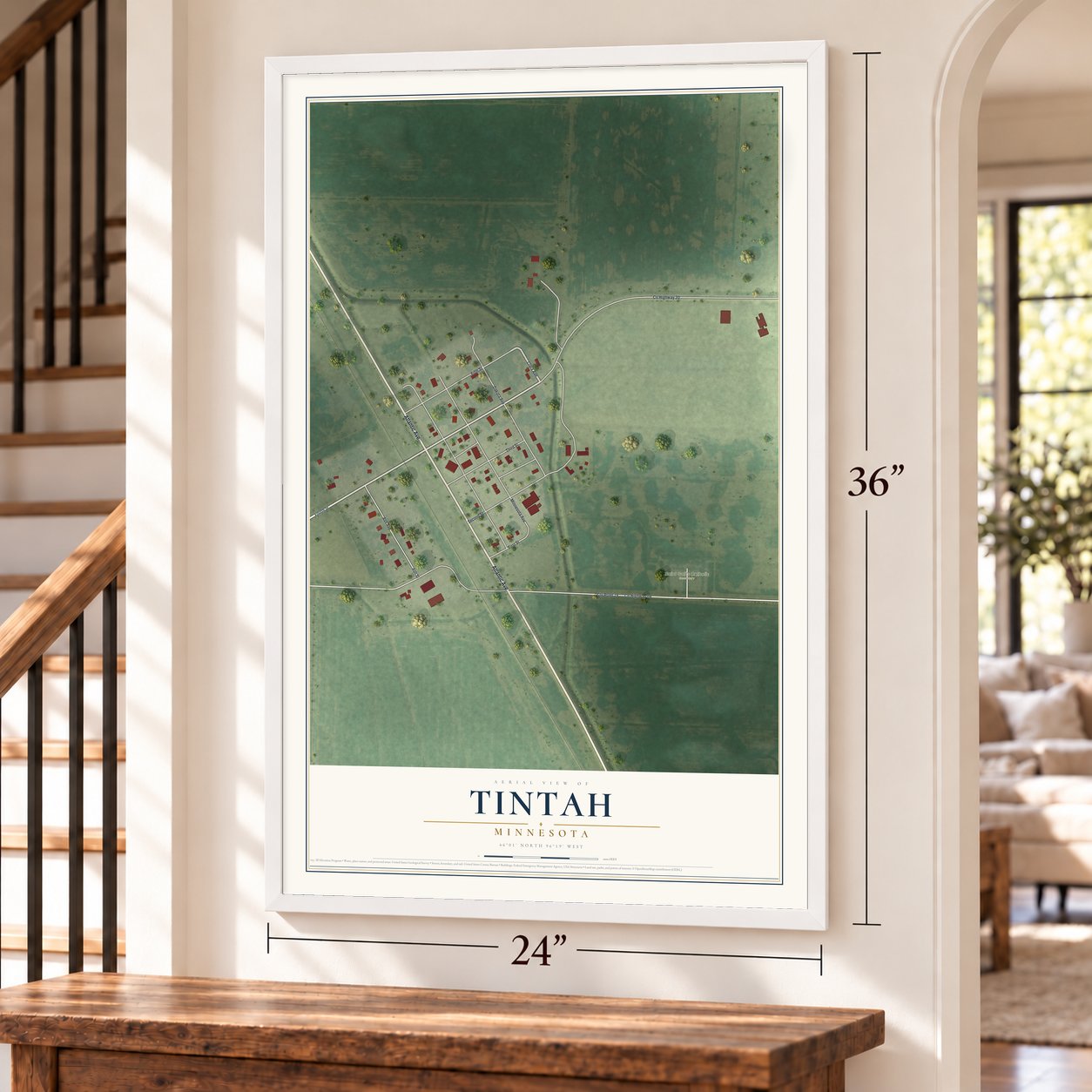 Tintah, Minnesota map, 24 x 36 inch print in a white frame by a staircase
