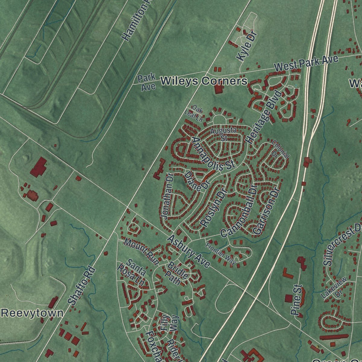 Second close-up of the map of Tinton Falls, New Jersey print showing more streets and buildings