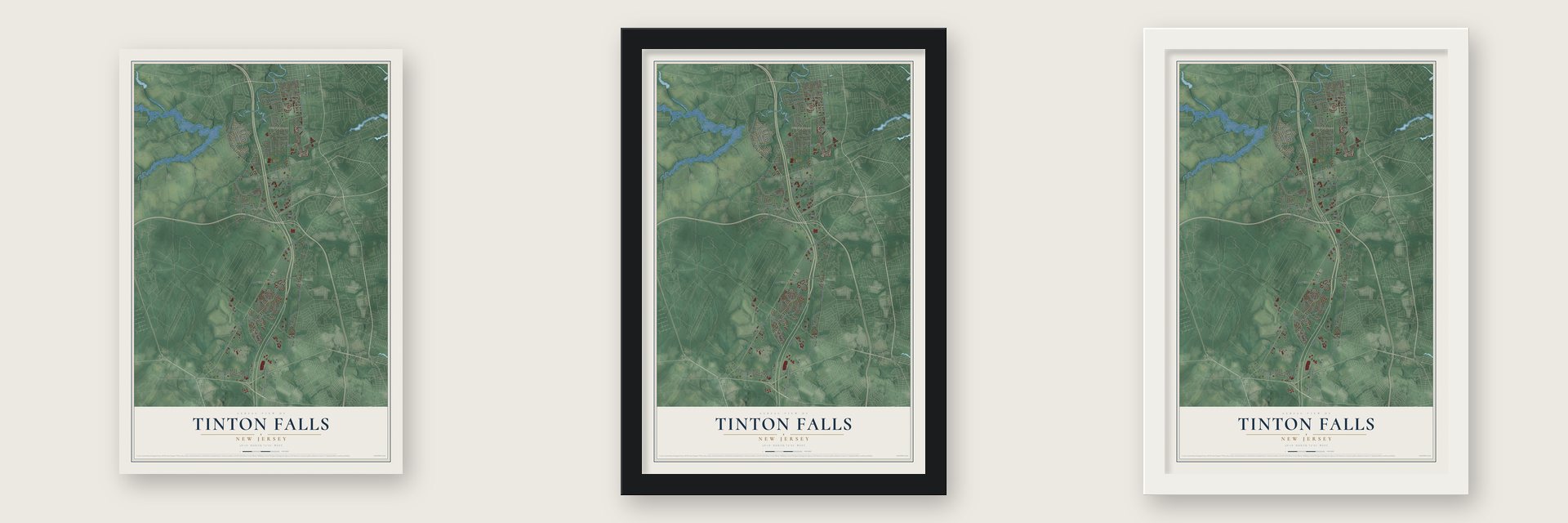 Tinton Falls, New Jersey map unframed, in a black wood frame and in a white wood frame