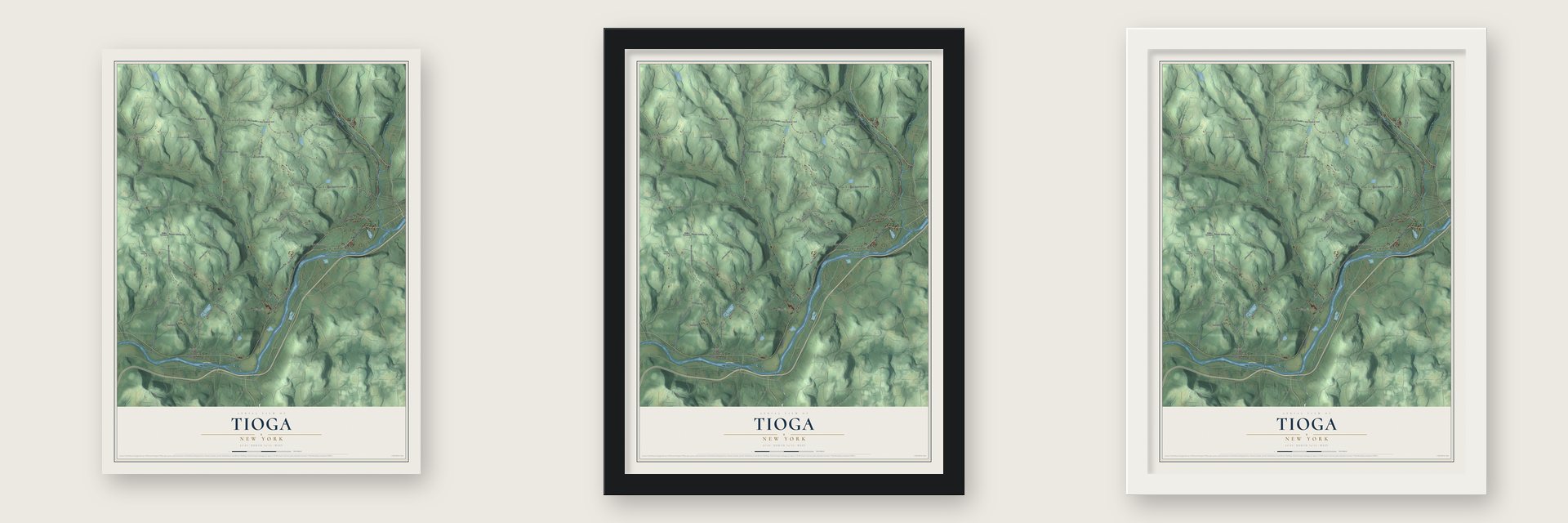 Tioga, New York map unframed, in a black wood frame and in a white wood frame