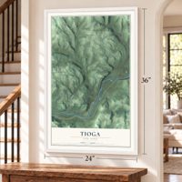 Tioga, New York map, 24 x 36 inch print in a white frame by a staircase
