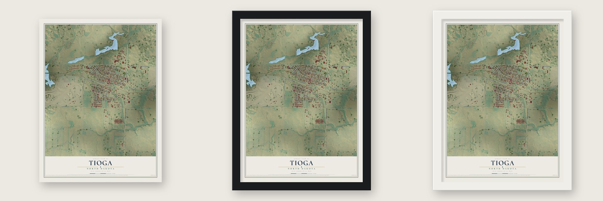 Tioga, North Dakota map unframed, in a black wood frame and in a white wood frame