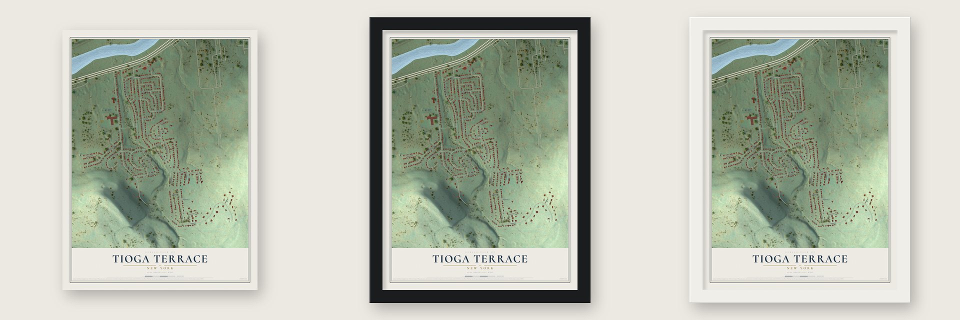 Tioga Terrace, New York map unframed, in a black wood frame and in a white wood frame