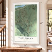 Tioga Terrace, New York map, 24 x 36 inch print in a white frame by a staircase