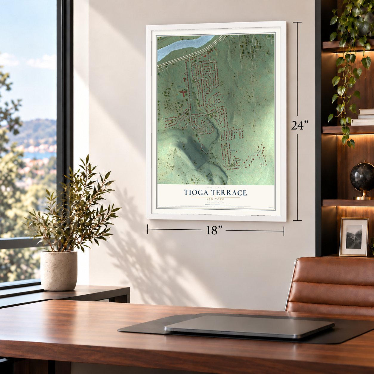 Tioga Terrace, New York map, 18 x 24 inch print in a white frame in a home office