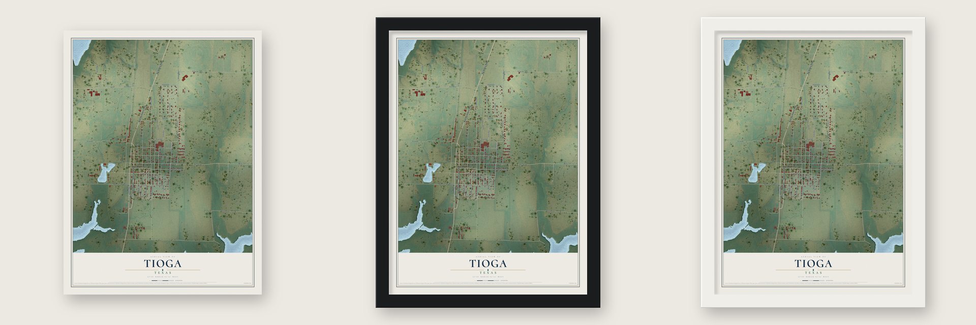 Tioga, Texas map unframed, in a black wood frame and in a white wood frame
