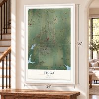 Tioga, Texas map, 24 x 36 inch print in a white frame by a staircase
