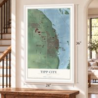 Tipp City, Ohio map, 24 x 36 inch print in a white frame by a staircase