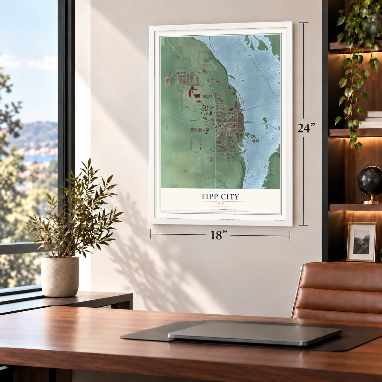 Tipp City, Ohio map, 18 x 24 inch print in a white frame in a home office
