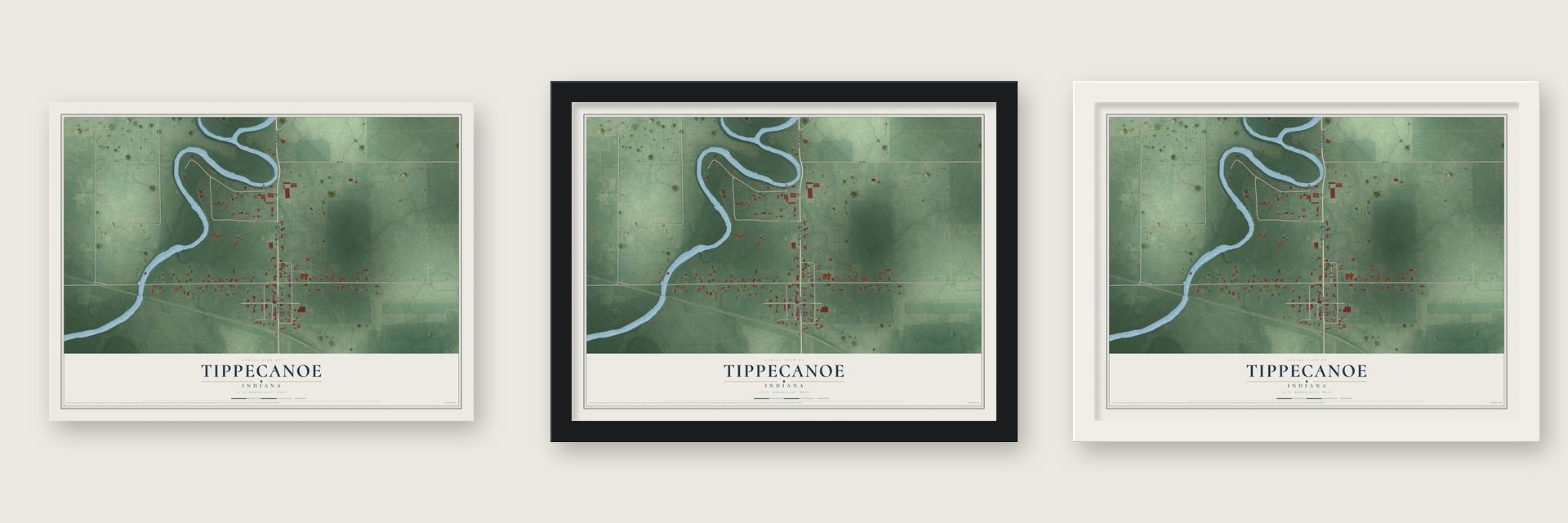 Tippecanoe, Indiana map unframed, in a black wood frame and in a white wood frame