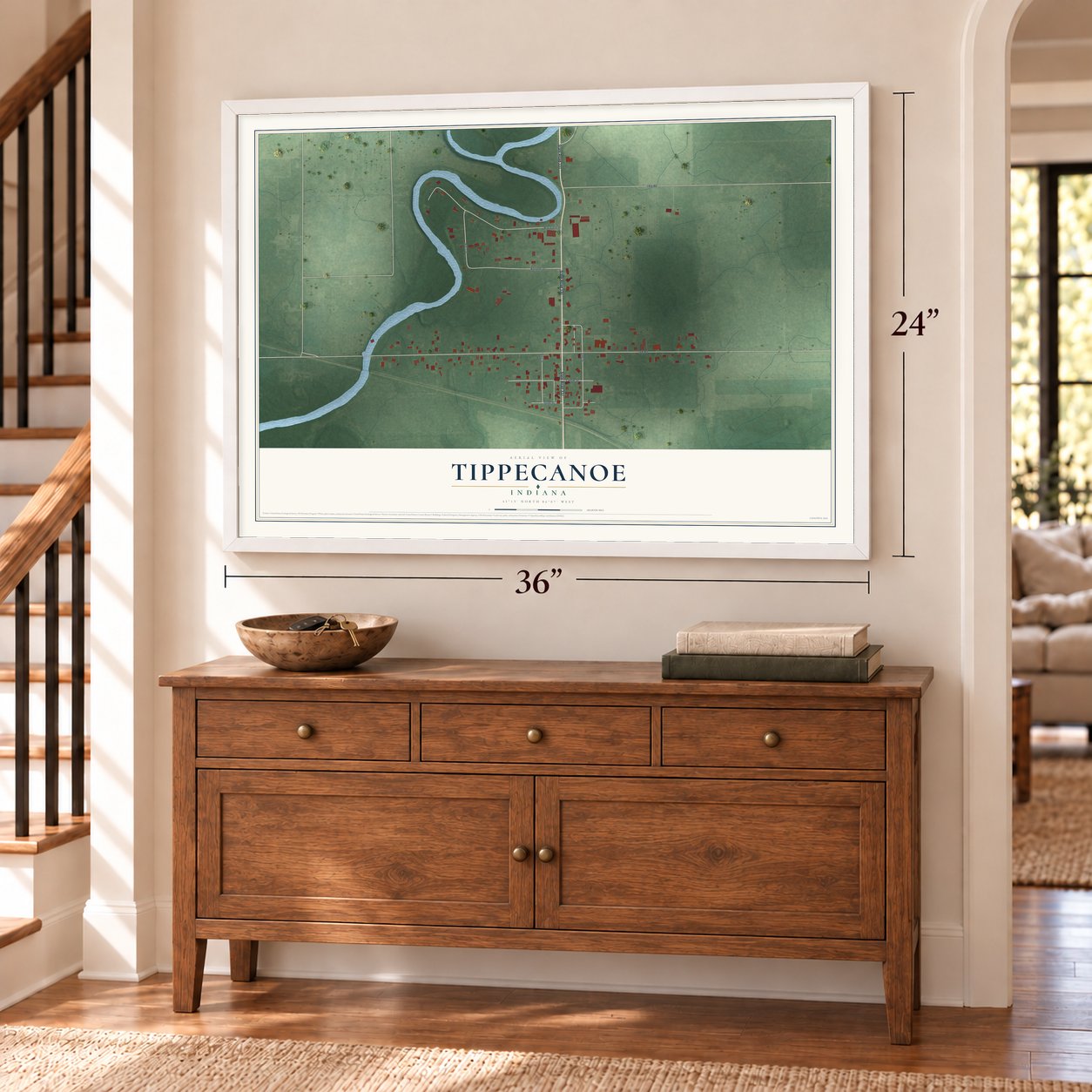 Tippecanoe, Indiana map, 24 x 36 inch print in a white frame above a dresser by a staircase