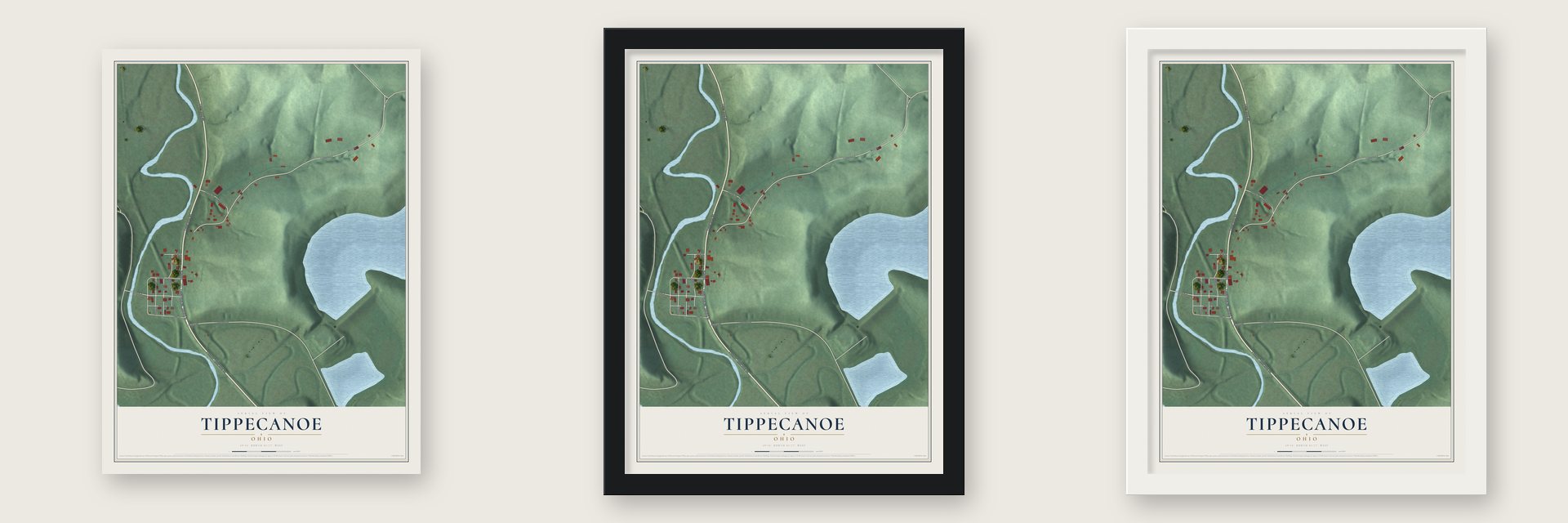 Tippecanoe, Ohio map unframed, in a black wood frame and in a white wood frame