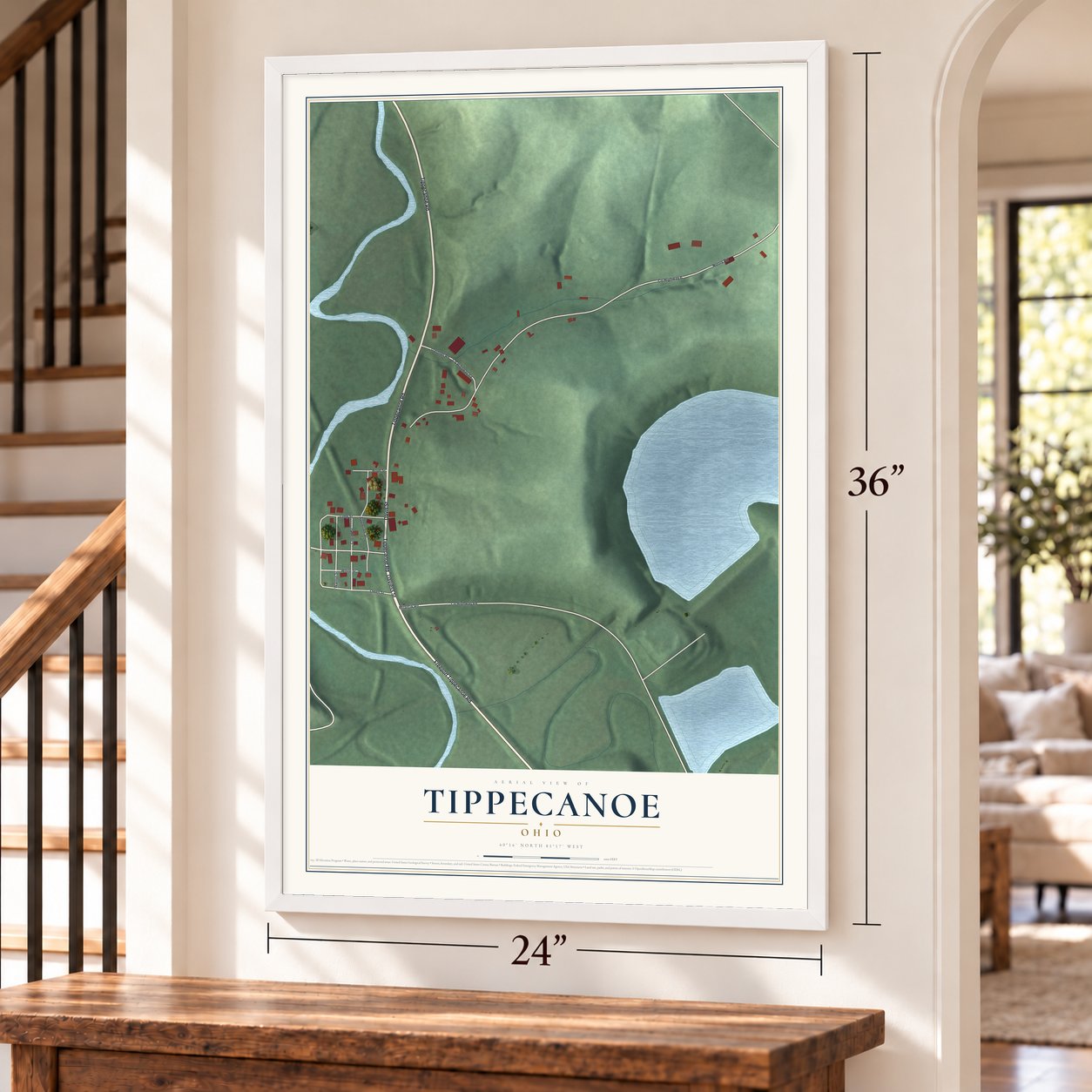 Tippecanoe, Ohio map, 24 x 36 inch print in a white frame by a staircase