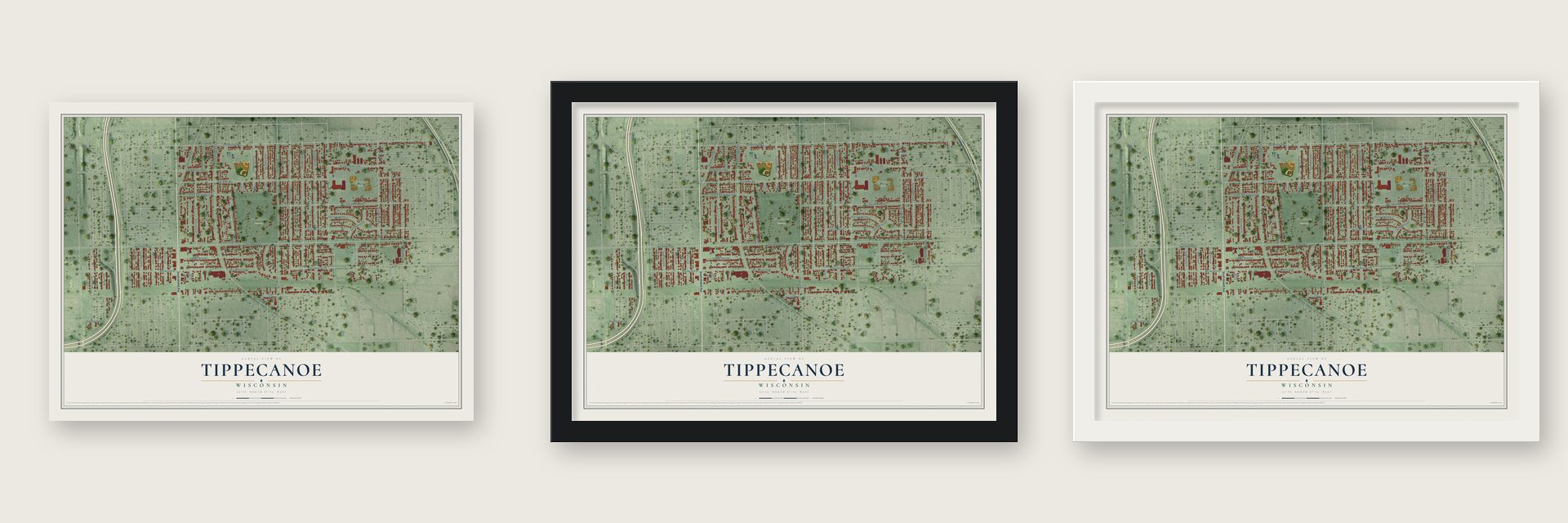 Tippecanoe, Wisconsin map unframed, in a black wood frame and in a white wood frame