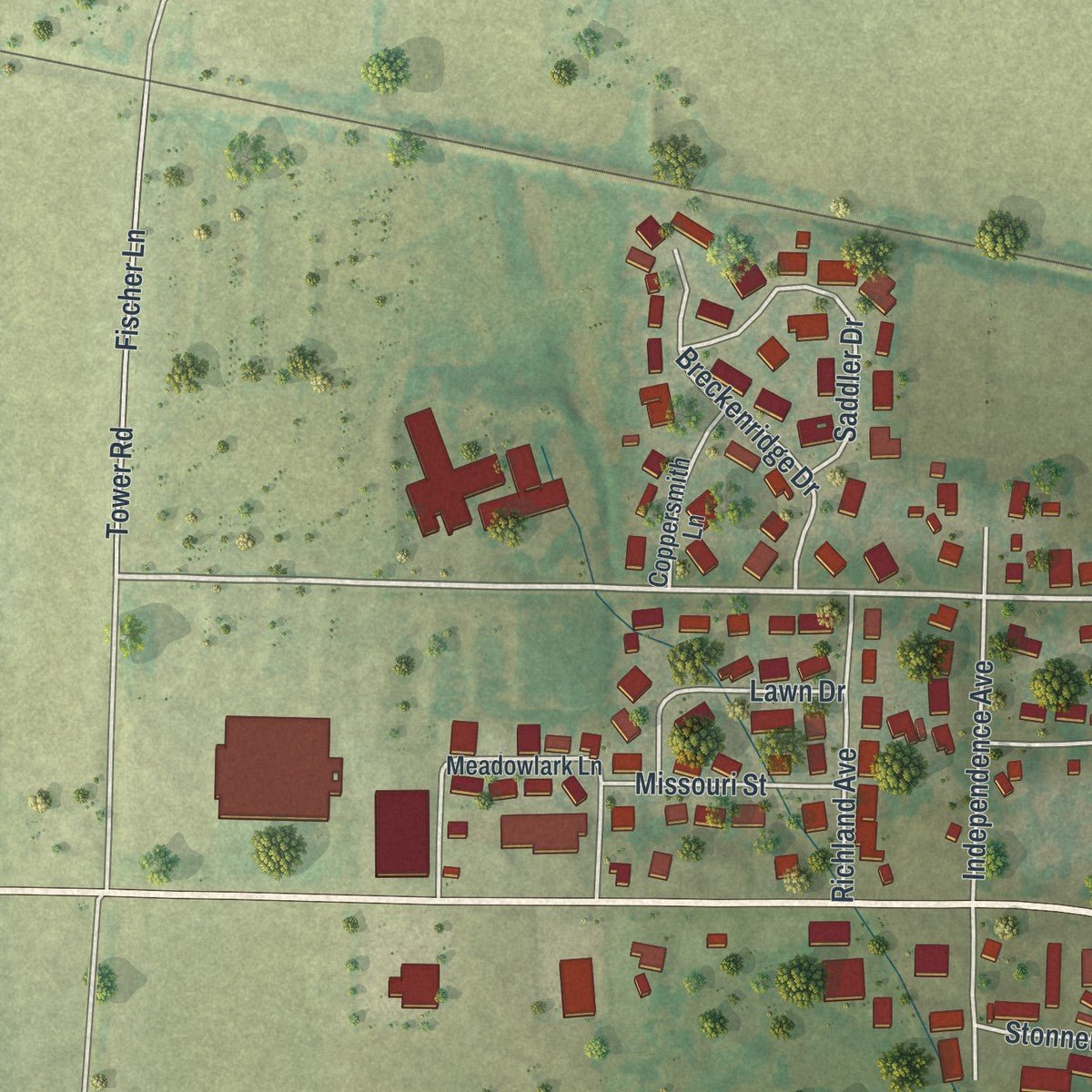 Second close-up of the map of Tipton, Missouri print showing more streets and buildings