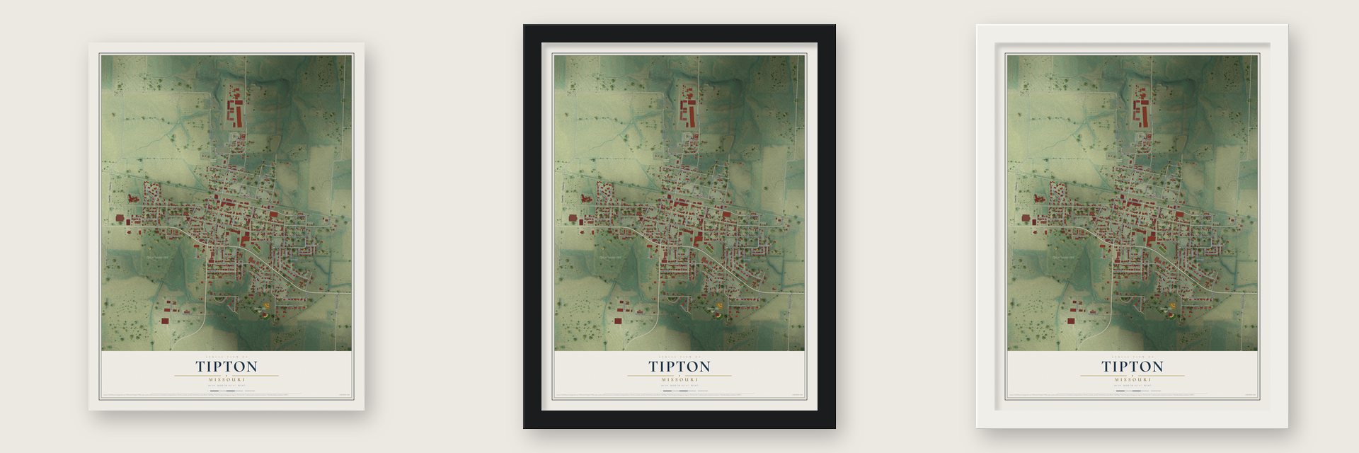 Tipton, Missouri map unframed, in a black wood frame and in a white wood frame